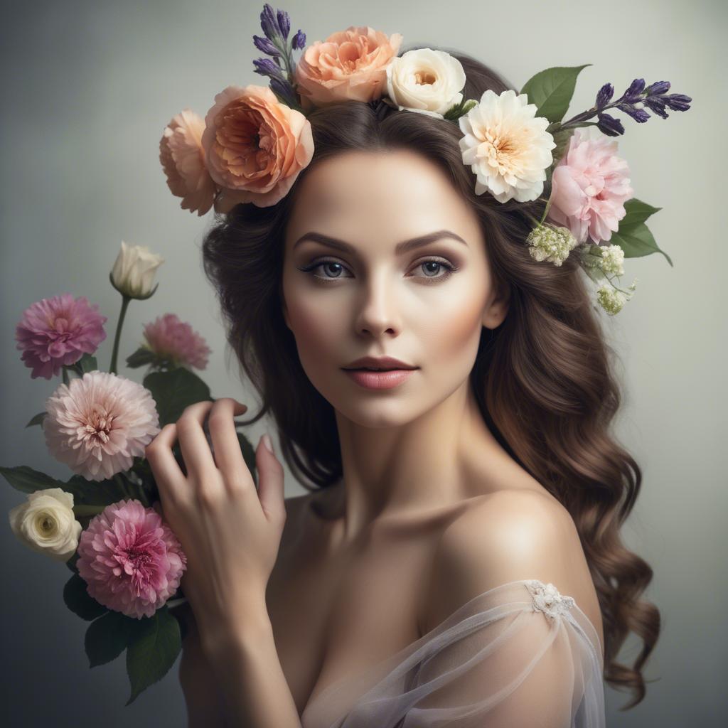 A stunning image of artistic portrait of a graceful woman with flowers.