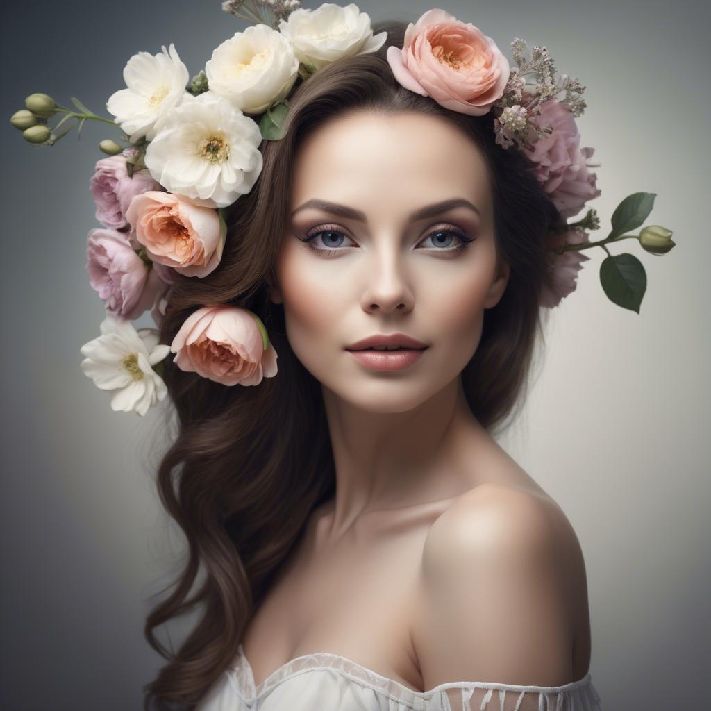 A stunning image of artistic portrait of a graceful woman with flowers.