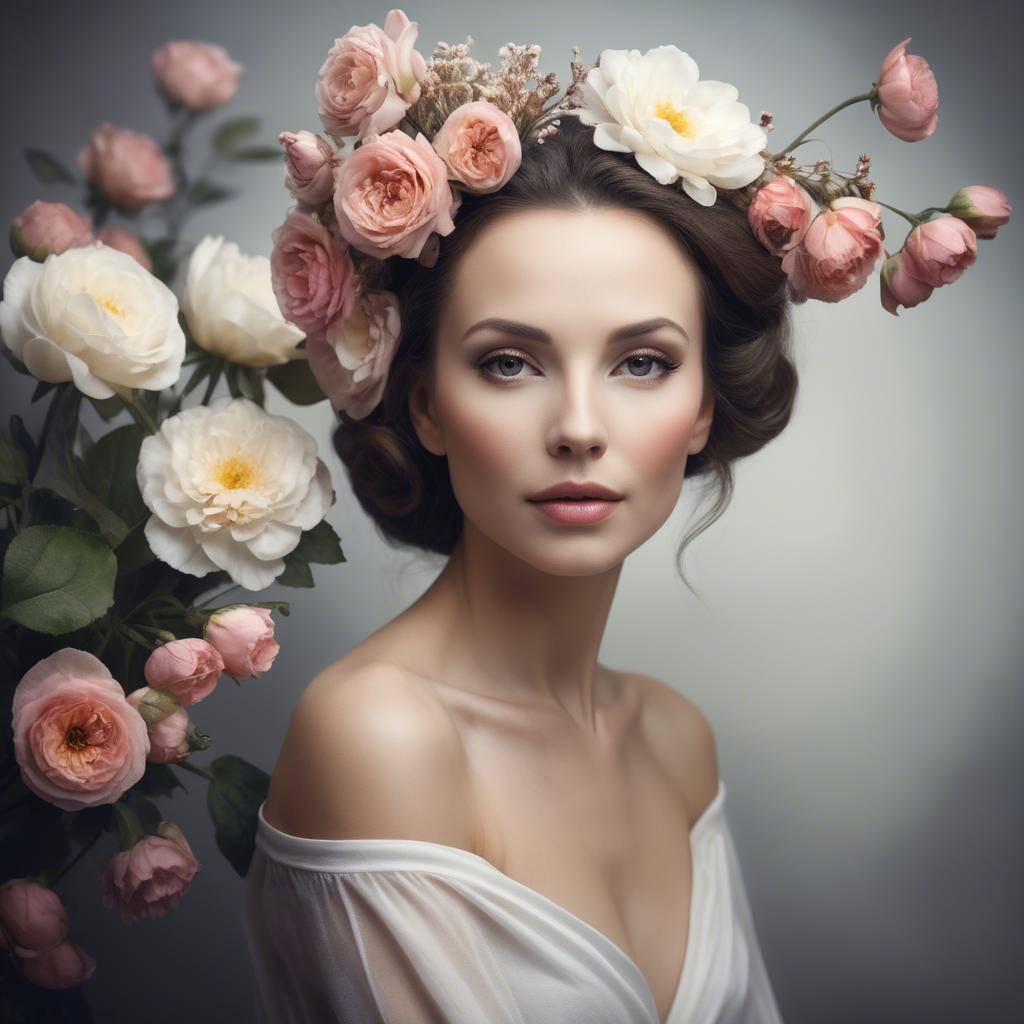 A stunning image of artistic portrait of a graceful woman with flowers.