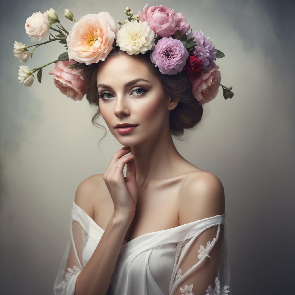 A stunning image of artistic portrait of a graceful woman with flowers.