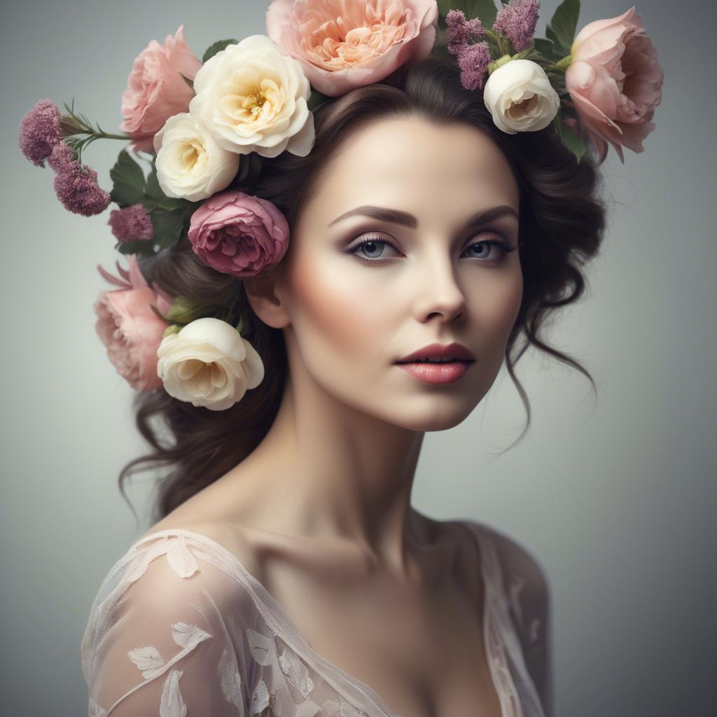 A stunning image of artistic portrait of a graceful woman with flowers.