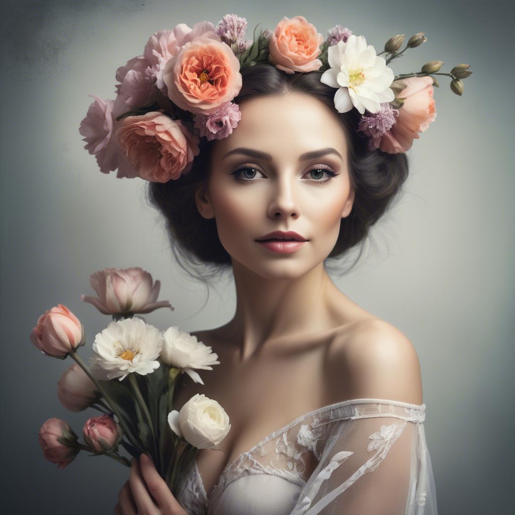 A stunning image of artistic portrait of a graceful woman with flowers.