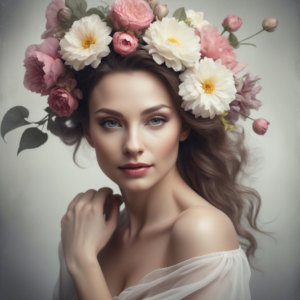 A stunning image of artistic portrait of a graceful woman with flowers.