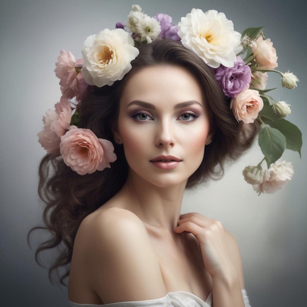 A stunning image of artistic portrait of a graceful woman with flowers.