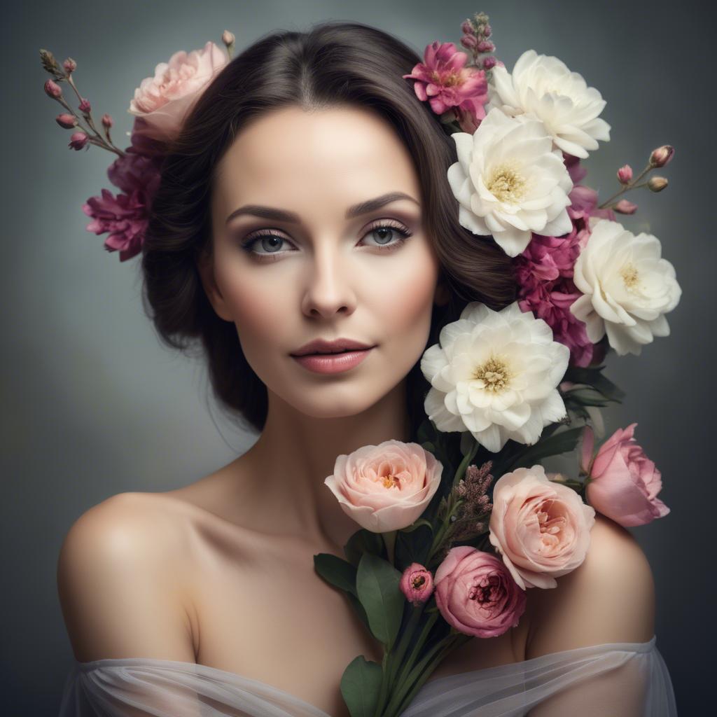 A stunning image of artistic portrait of a graceful woman with flowers.