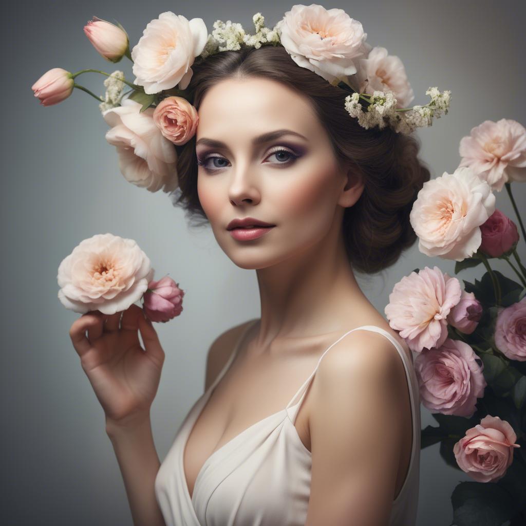 A stunning image of artistic portrait of a graceful woman with flowers.