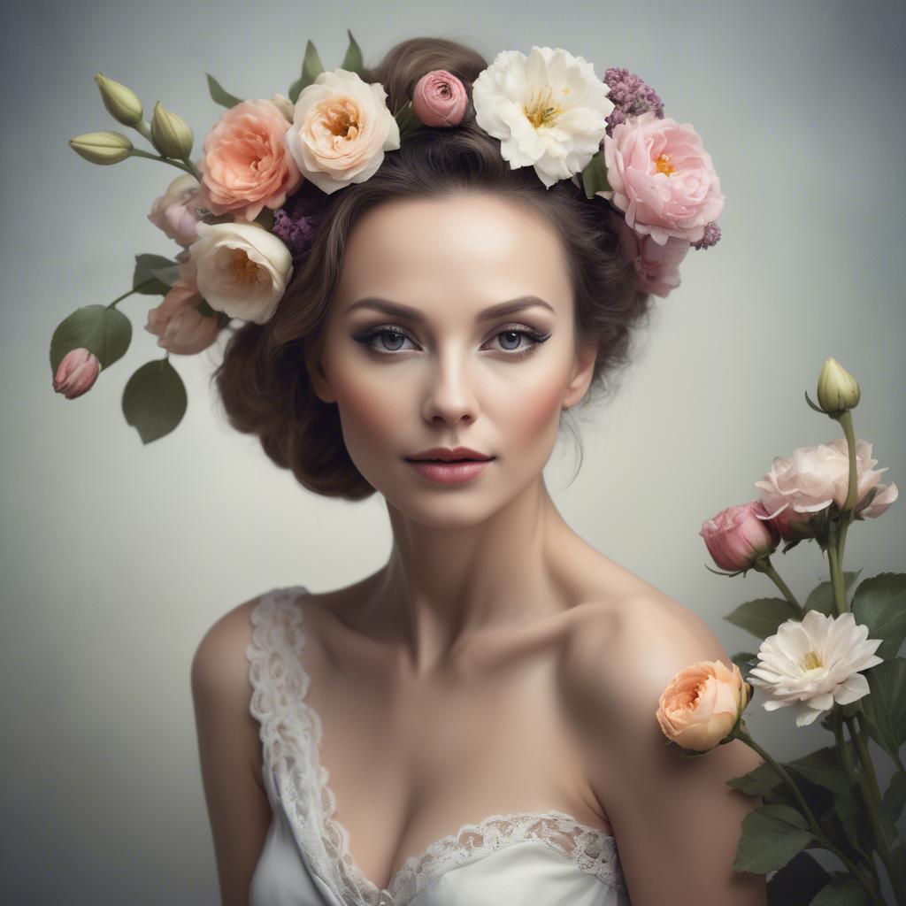 A stunning image of artistic portrait of a graceful woman with flowers.