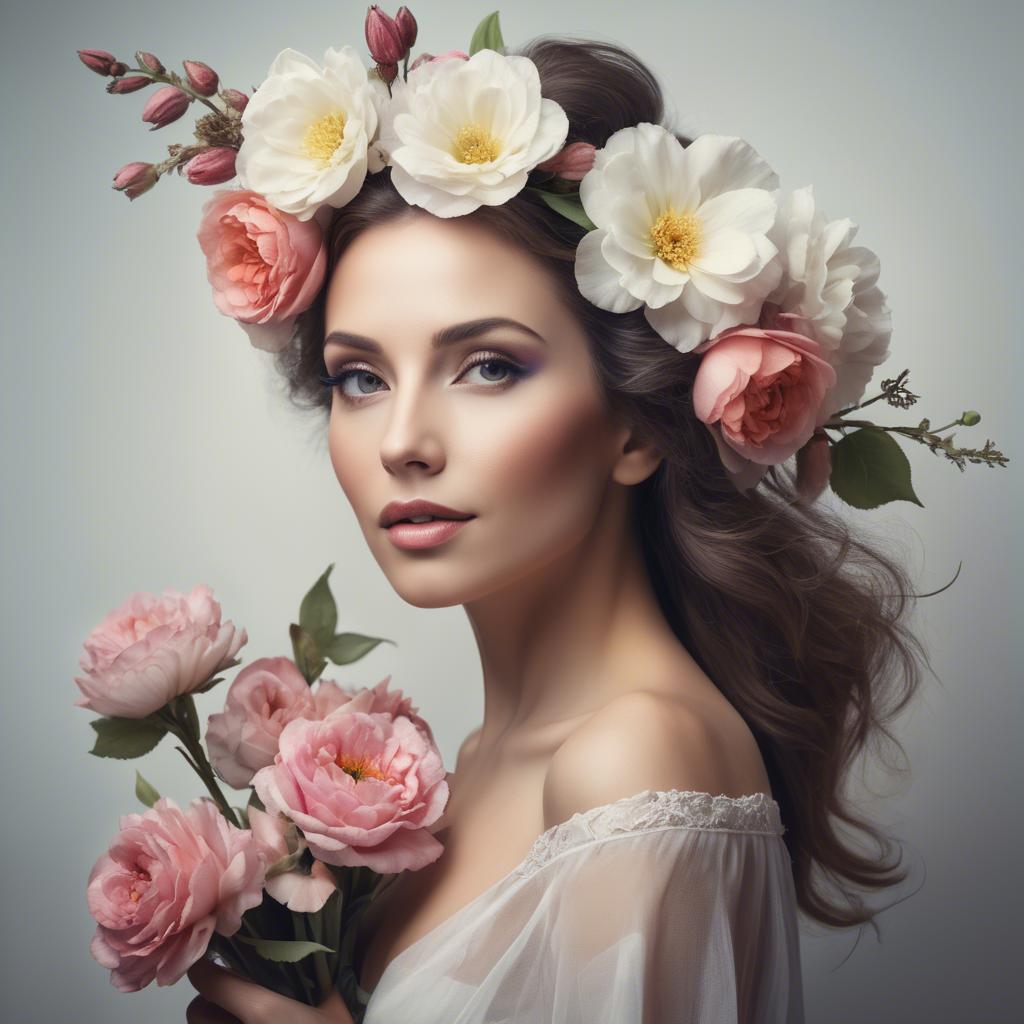 A stunning image of artistic portrait of a graceful woman with flowers.