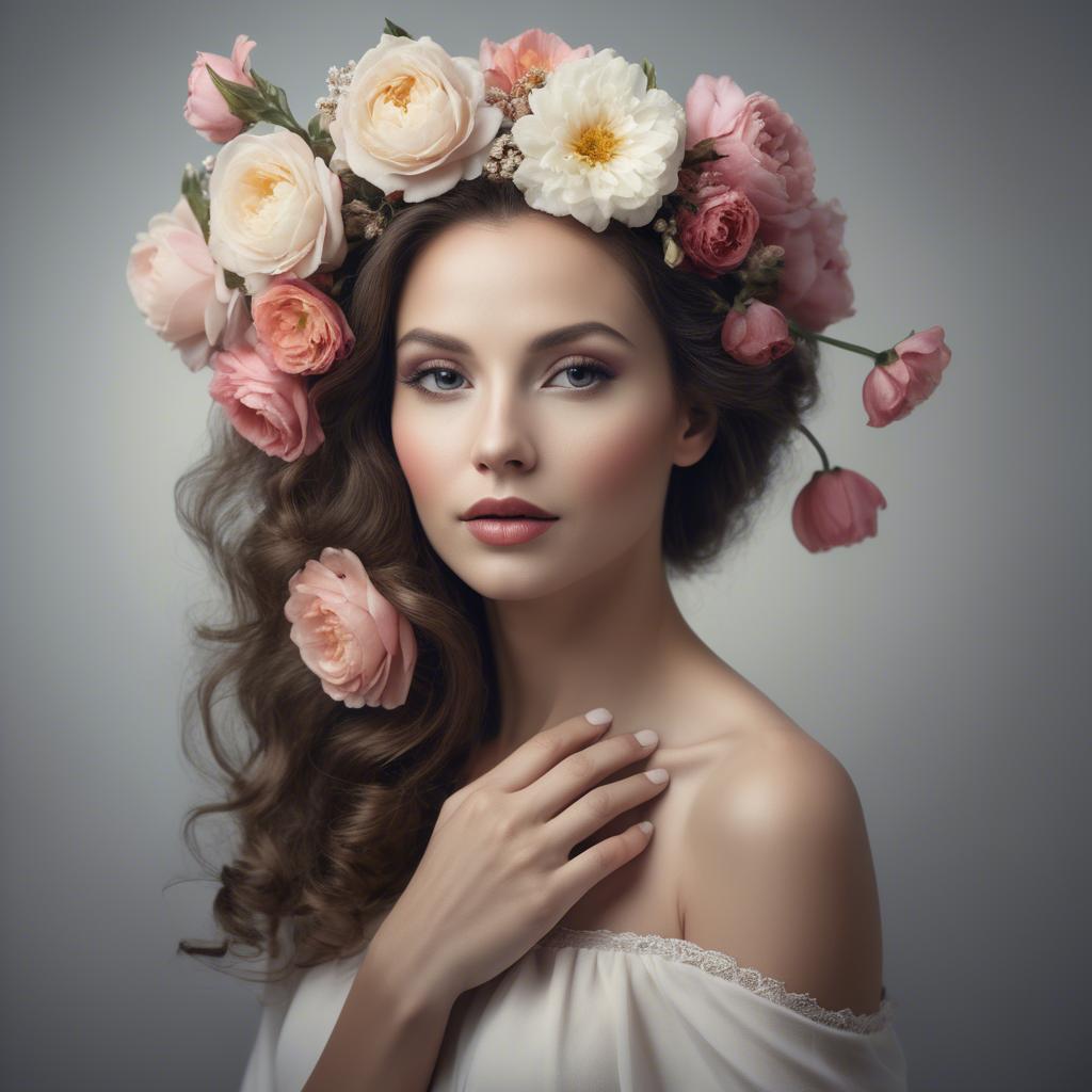 A stunning image of artistic portrait of a graceful woman with flowers.