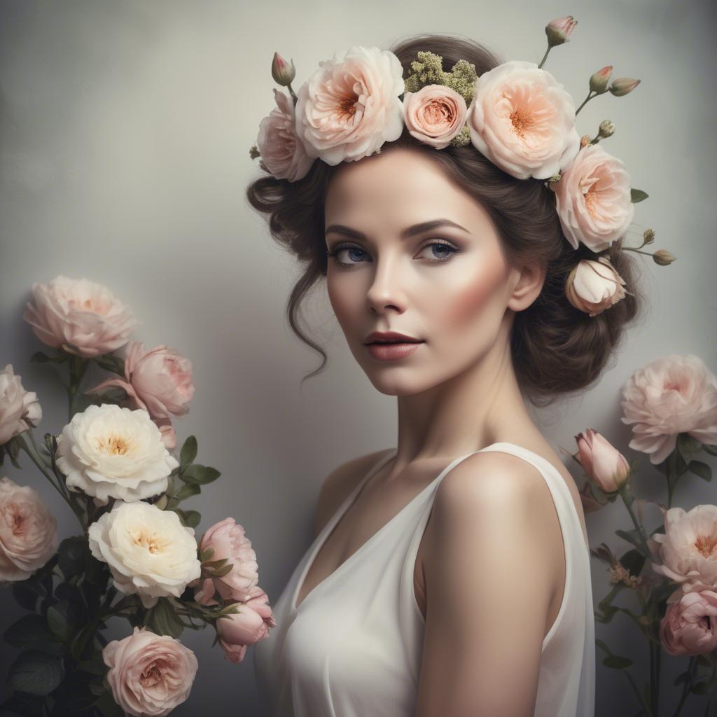 A stunning image of artistic portrait of a graceful woman with flowers.