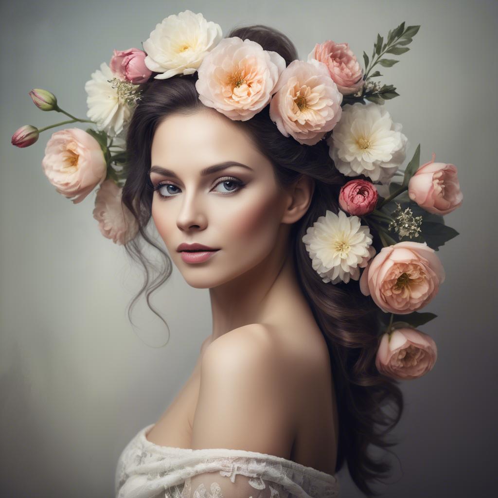 A stunning image of artistic portrait of a graceful woman with flowers.