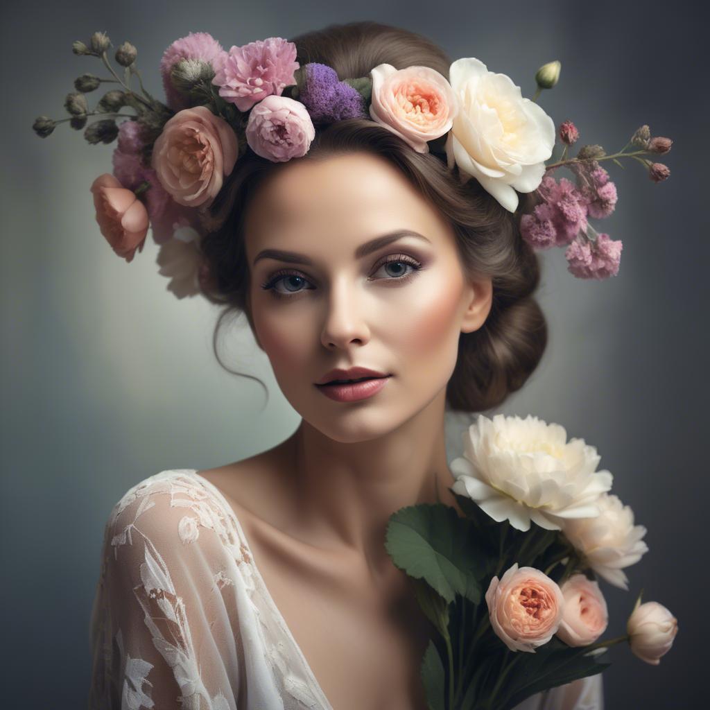 A stunning image of artistic portrait of a graceful woman with flowers.
