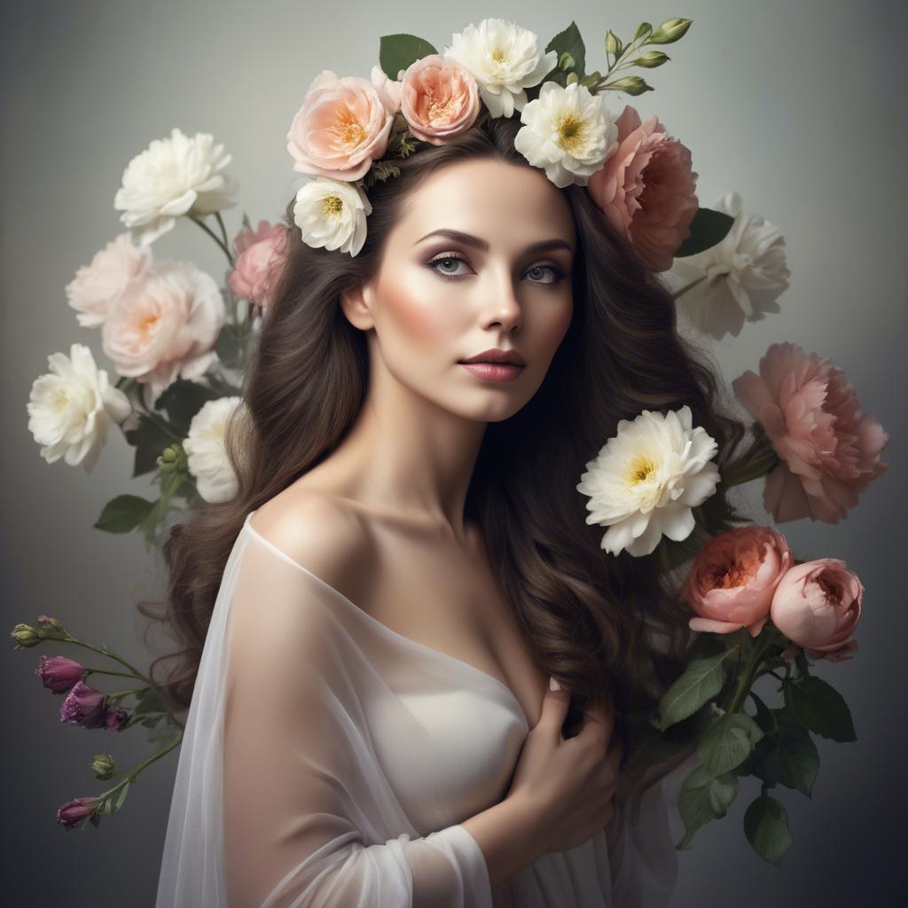 A stunning image of artistic portrait of a graceful woman with flowers.