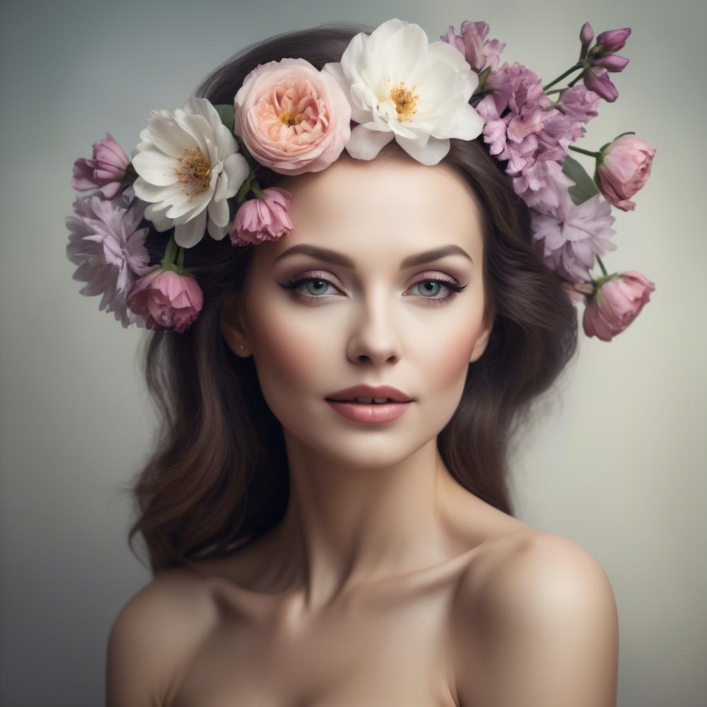 A stunning image of artistic portrait of a graceful woman with flowers.