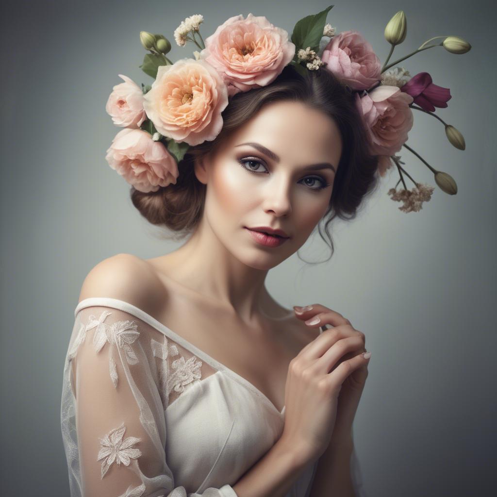 A stunning image of artistic portrait of a graceful woman with flowers.
