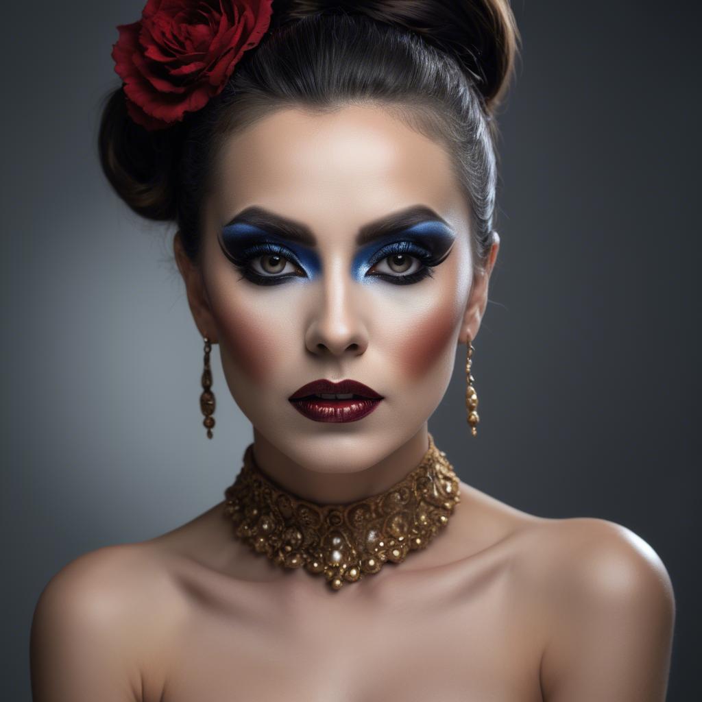 A stunning image of artistic portrait of a woman with dramatic makeup.