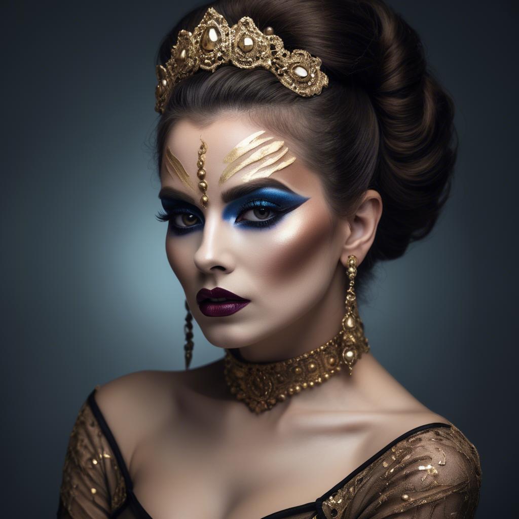 A stunning image of artistic portrait of a woman with dramatic makeup.