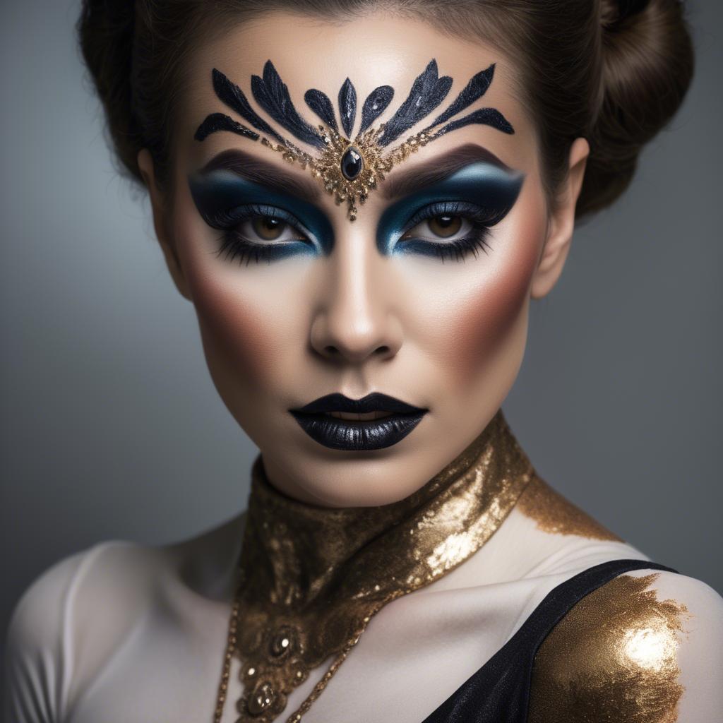 A stunning image of artistic portrait of a woman with dramatic makeup.