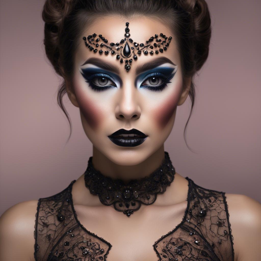 A stunning image of artistic portrait of a woman with dramatic makeup.