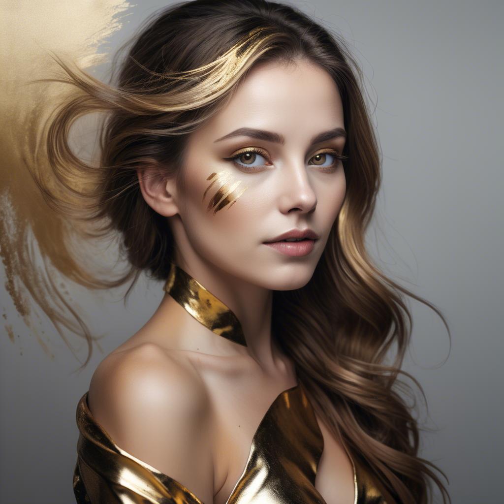 A stunning image of artistic portrait of a woman with golden highlights.