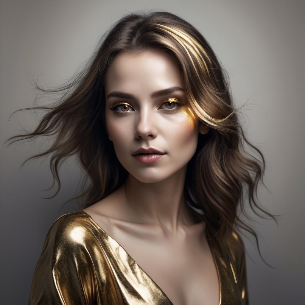 A stunning image of artistic portrait of a woman with golden highlights.