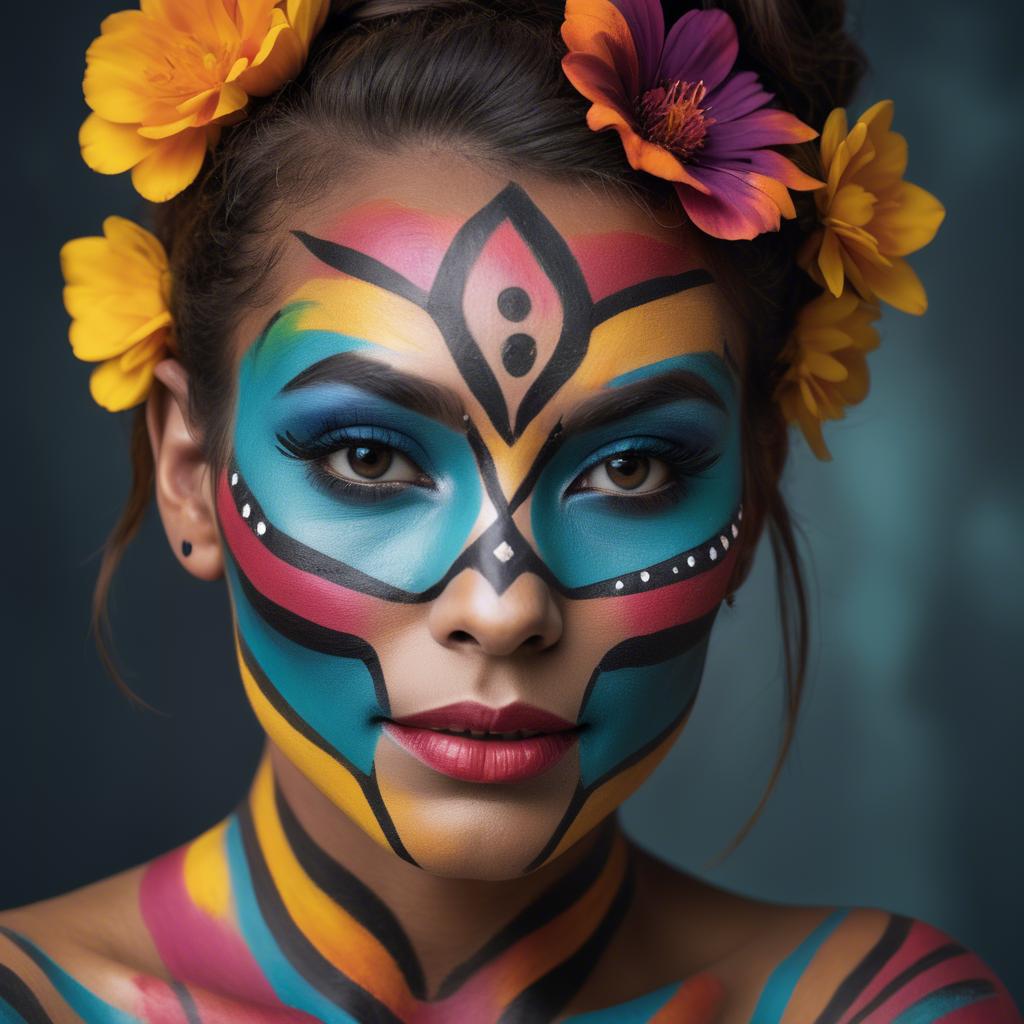 A stunning image of artistic portrait of a woman with vibrant face paint.
