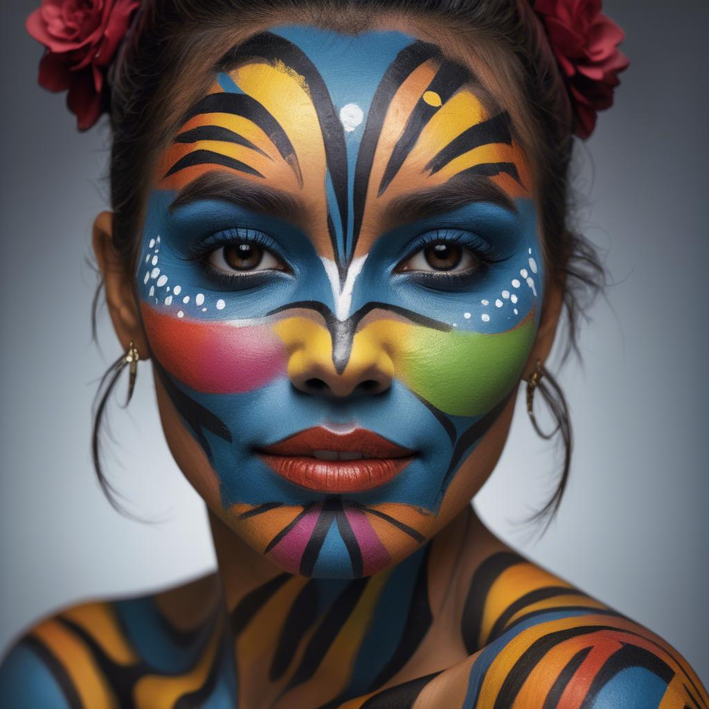 A stunning image of artistic portrait of a woman with vibrant face paint.
