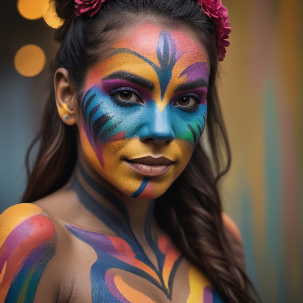 A stunning image of artistic portrait of a woman with vibrant face paint.
