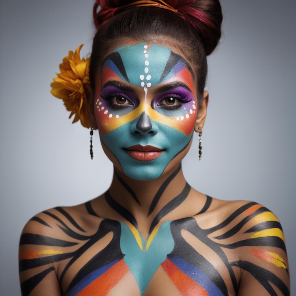A stunning image of artistic portrait of a woman with vibrant face paint.