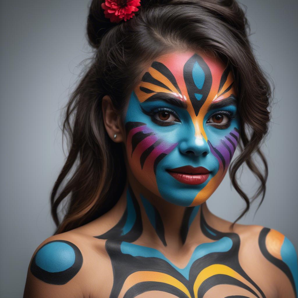 A stunning image of artistic portrait of a woman with vibrant face paint.