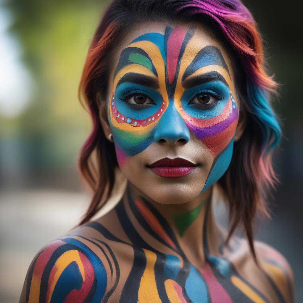 A stunning image of artistic portrait of a woman with vibrant face paint.