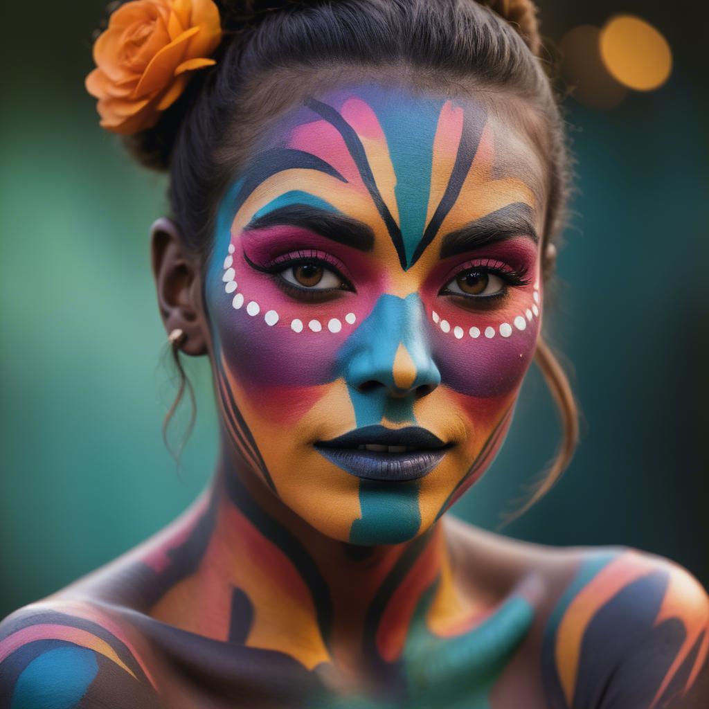 A stunning image of artistic portrait of a woman with vibrant face paint.