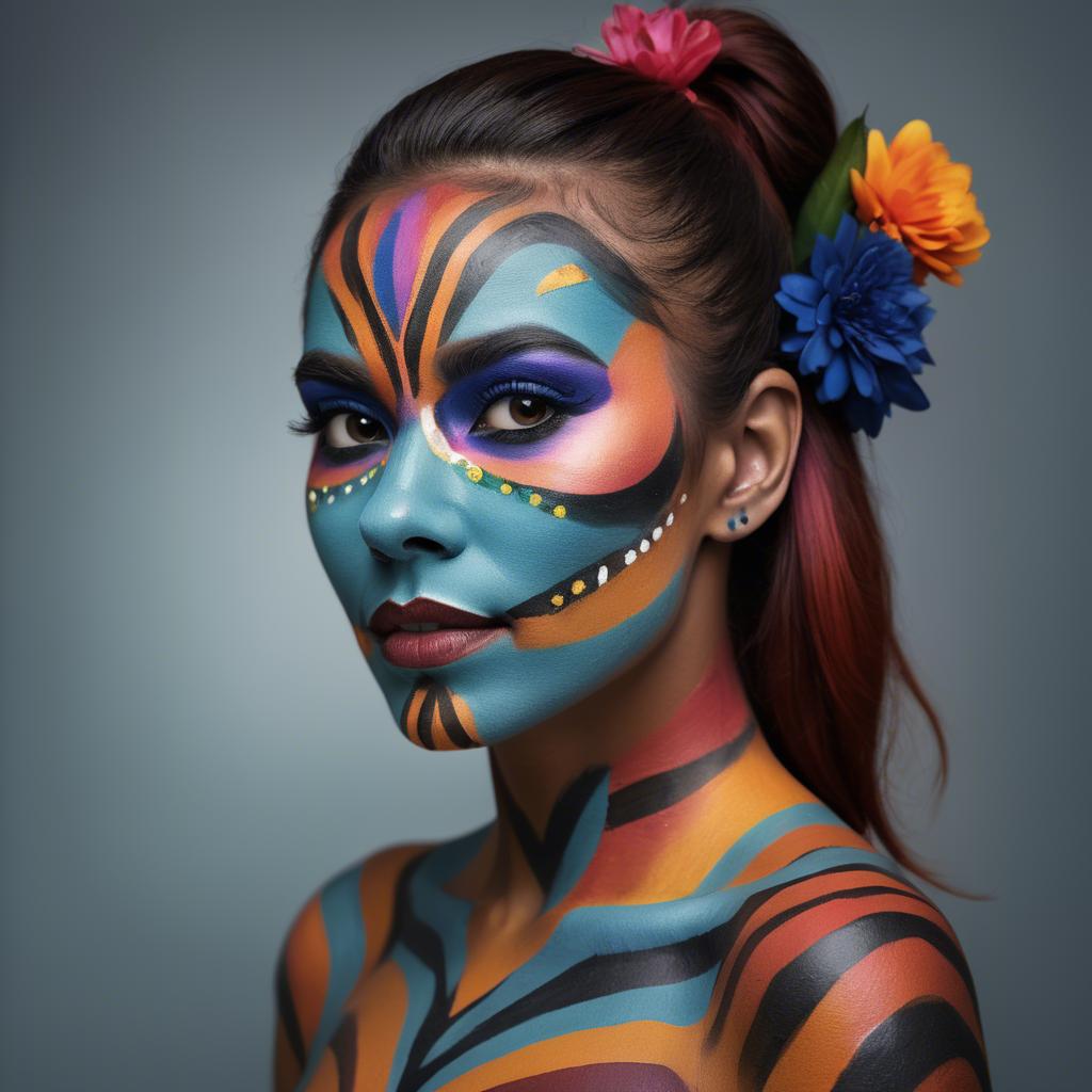 A stunning image of artistic portrait of a woman with vibrant face paint.