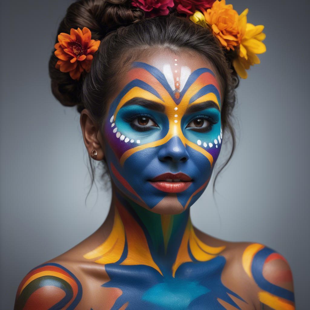 A stunning image of artistic portrait of a woman with vibrant face paint.