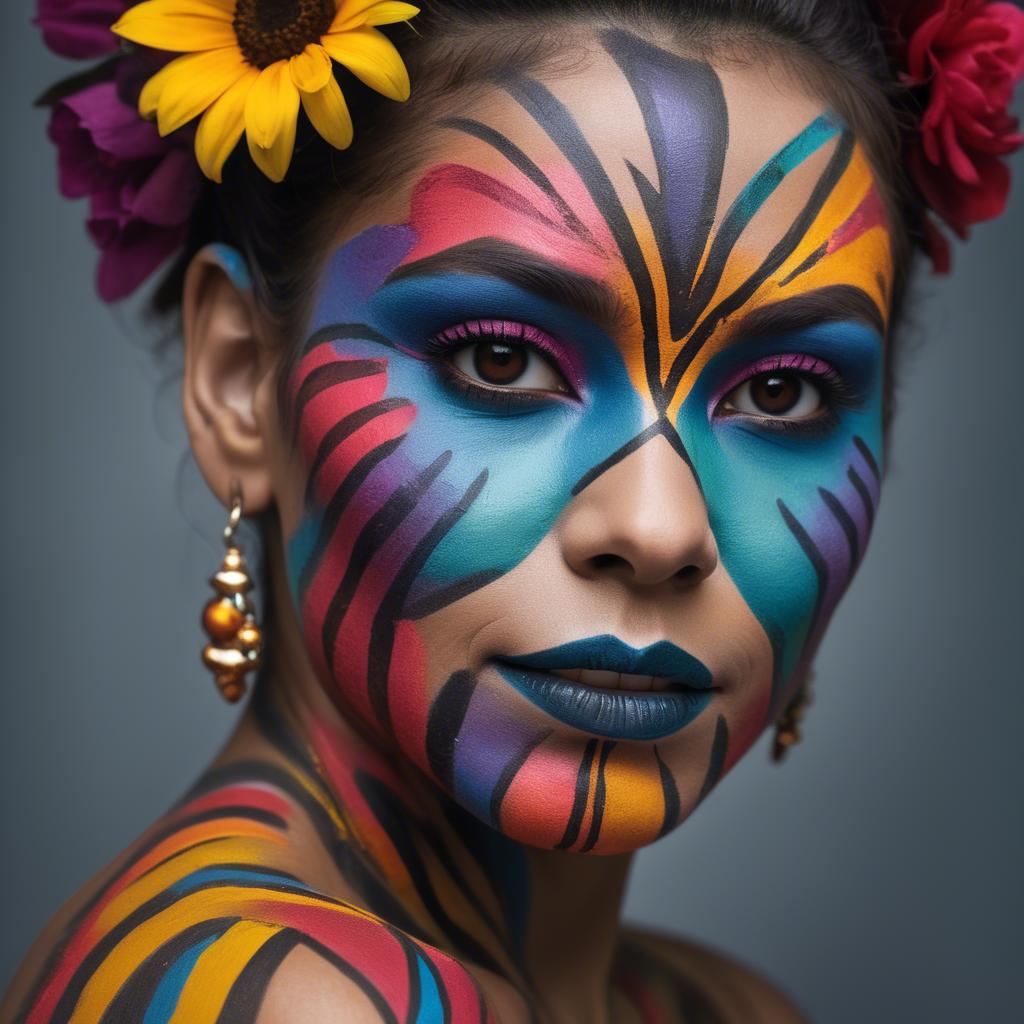 A stunning image of artistic portrait of a woman with vibrant face paint.