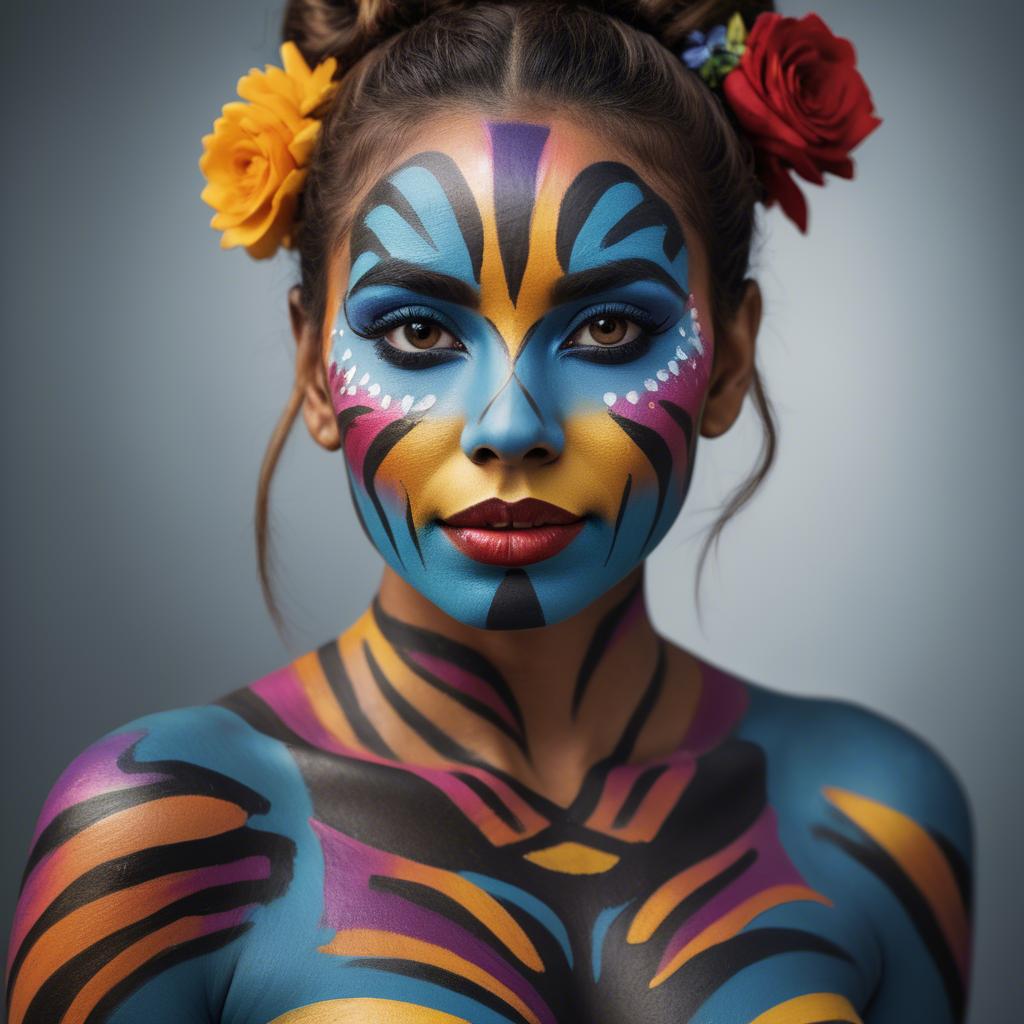 A stunning image of artistic portrait of a woman with vibrant face paint.