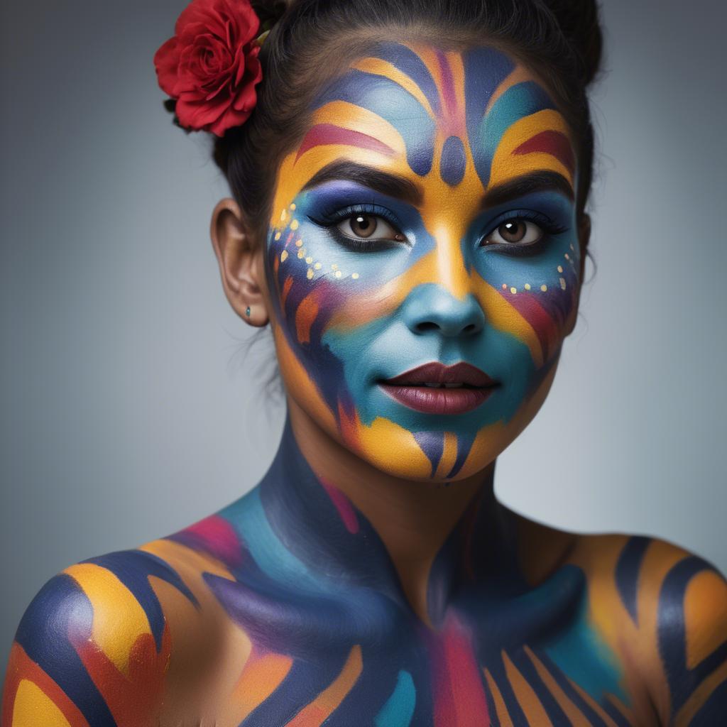 A stunning image of artistic portrait of a woman with vibrant face paint.