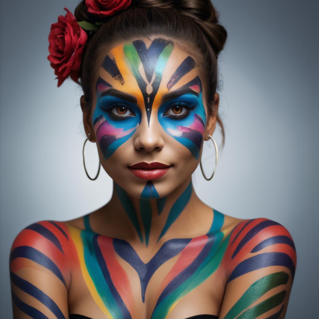 A stunning image of artistic portrait of a woman with vibrant face paint.