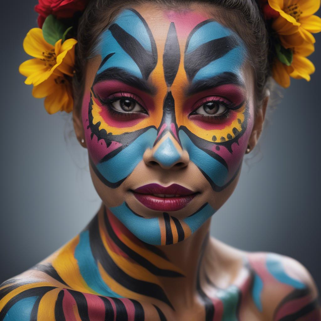 A stunning image of artistic portrait of a woman with vibrant face paint.
