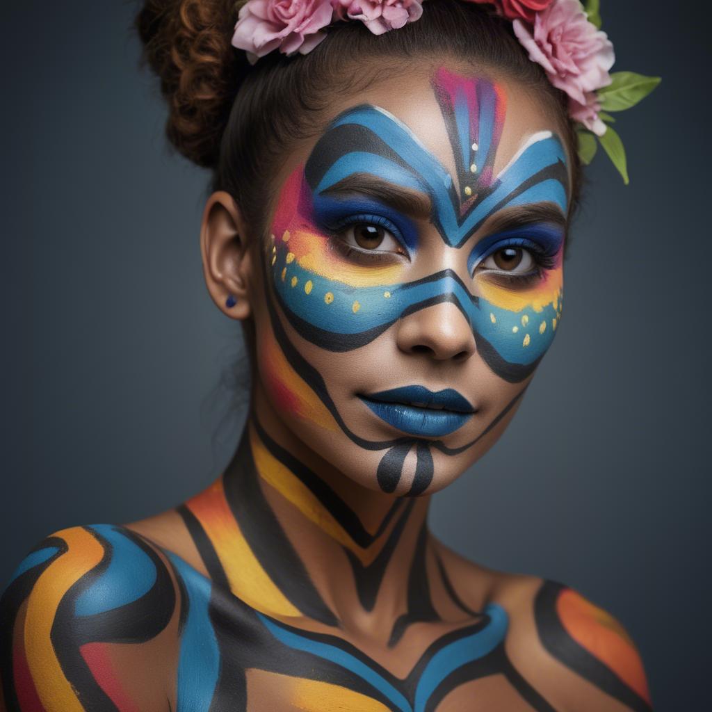 A stunning image of artistic portrait of a woman with vibrant face paint.