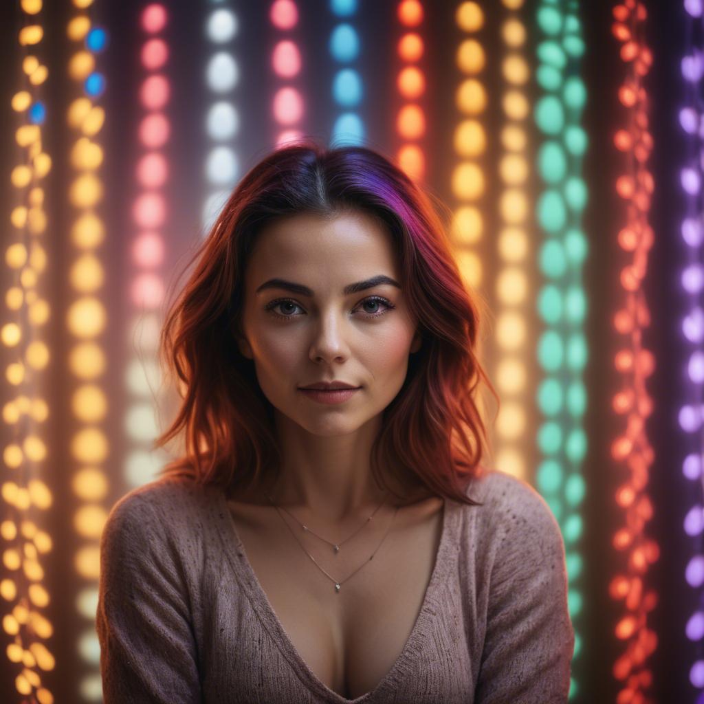 A stunning image of artistic shot of a woman surrounded by colorful lights.
