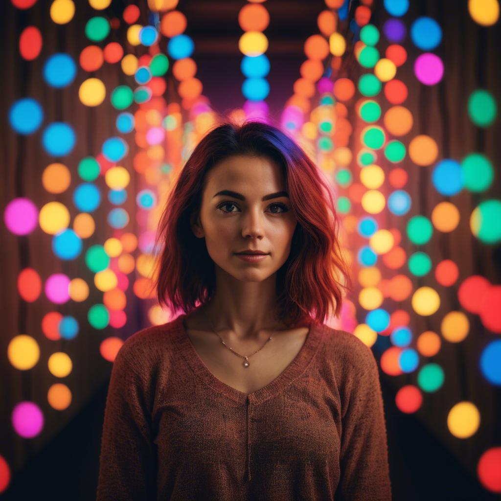 A stunning image of artistic shot of a woman surrounded by colorful lights.