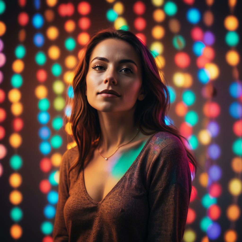 A stunning image of artistic shot of a woman surrounded by colorful lights.