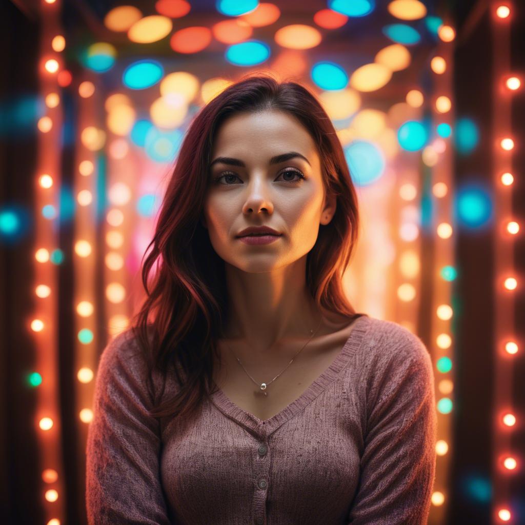 A stunning image of artistic shot of a woman surrounded by colorful lights.