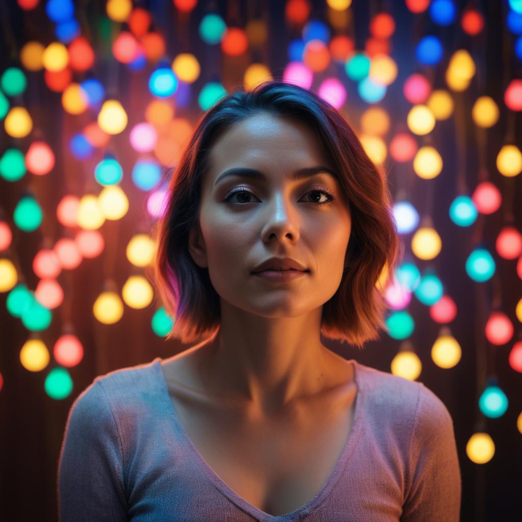 A stunning image of artistic shot of a woman surrounded by colorful lights.