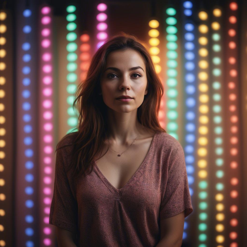 A stunning image of artistic shot of a woman surrounded by colorful lights.