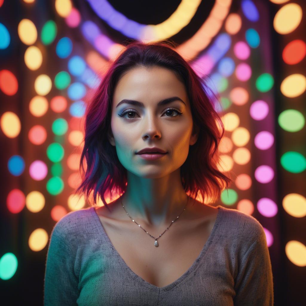 A stunning image of artistic shot of a woman surrounded by colorful lights.