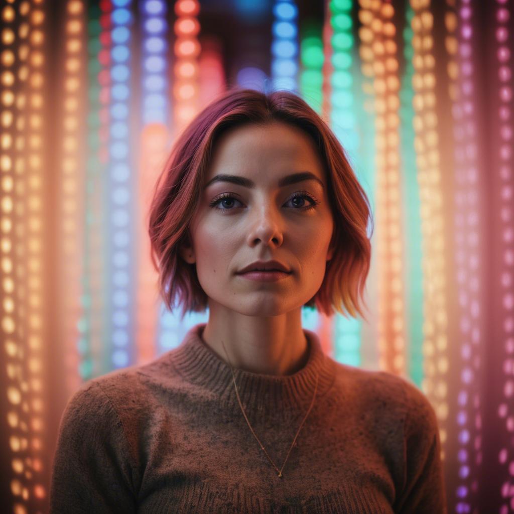 A stunning image of artistic shot of a woman surrounded by colorful lights.