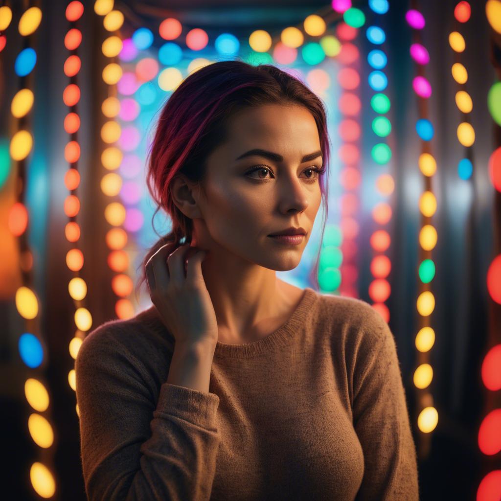 A stunning image of artistic shot of a woman surrounded by colorful lights.