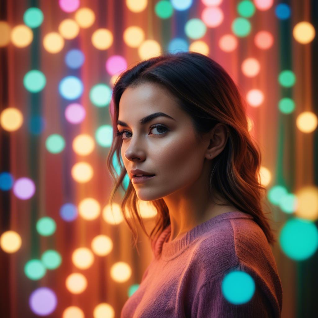 A stunning image of artistic shot of a woman surrounded by colorful lights.